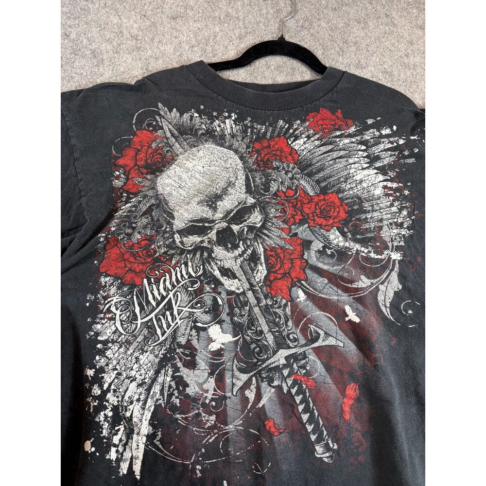 Miami Ink Skull Shirt Mens XL Black Art Tattoo Graphic Grunge Streetwear Y2K